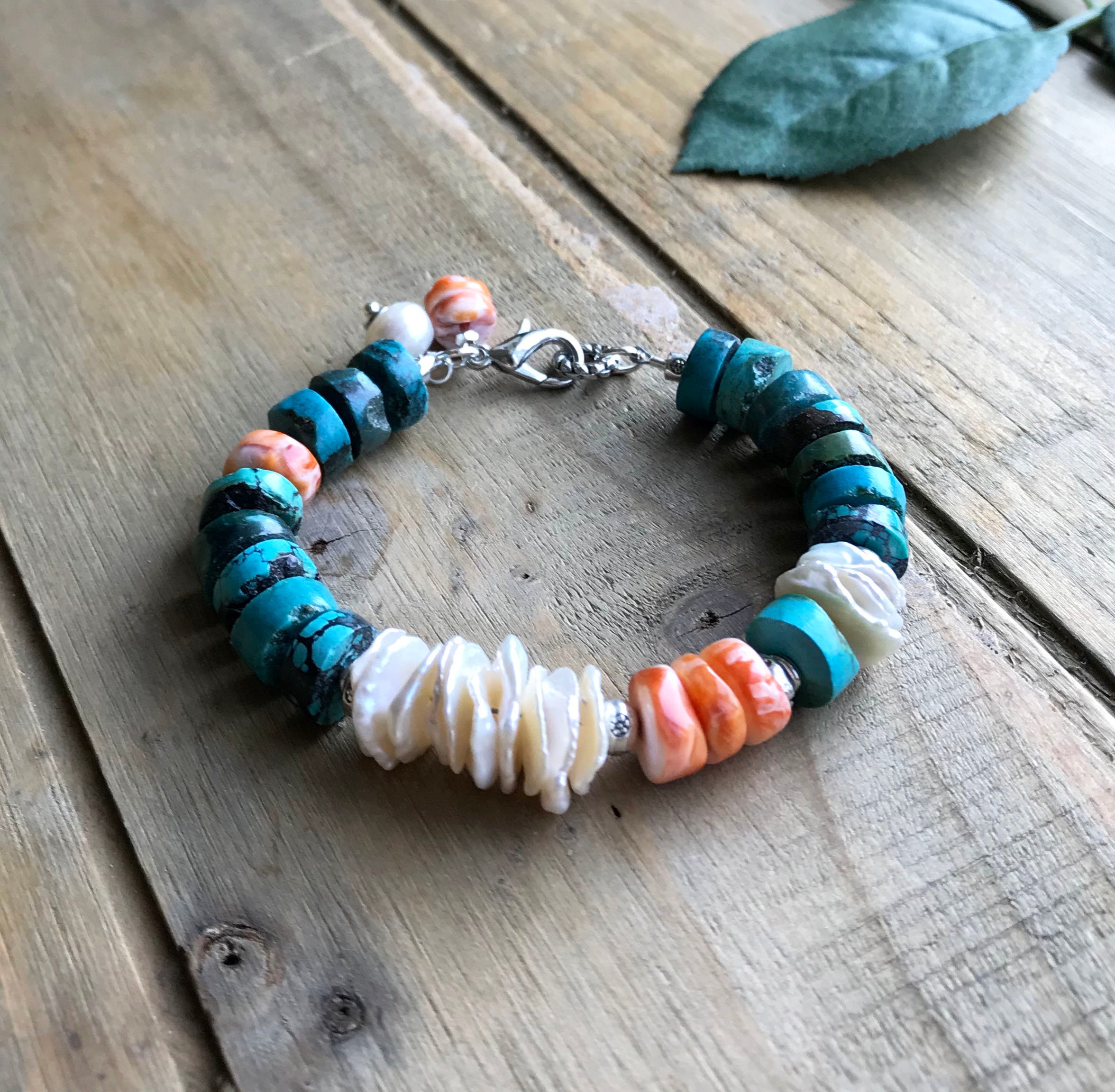SILVER TAG ■ Aqua Turquoise Pearl Bracelet ブレスレット Turquoise Southwest Chunky Bracelet, Sundance Style Spiny