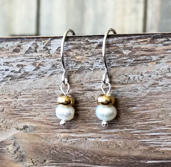 Pearl Dangle Earrings Gold Minimalist Dangles Silver Sundance Style Mixed Metal Earrings Bride Jewelry Bridesmaids Gift E18 Etsy