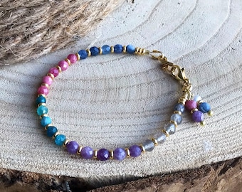 Colorful Gemstone Bracelet, Dainty Sundance Style Stacking Bracelet, Minimalist Gold Jewelry, Blue Pink Turquoise Purple Gray Bracelet, B58