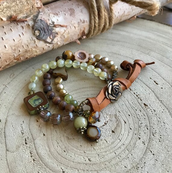 3 Strand Gemstone Bracelet Leather Sundance Style Bracelet Brown