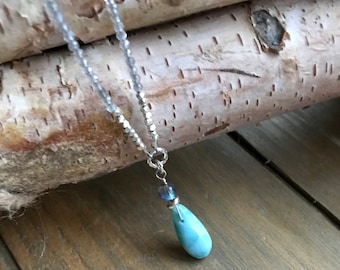 Minimalist Larimar Pendant Necklace, Labradorite Beaded Chain, Blue Teardrop Gemstone Karen Hill Tribe Sterling Silver Necklace, Gift, B80
