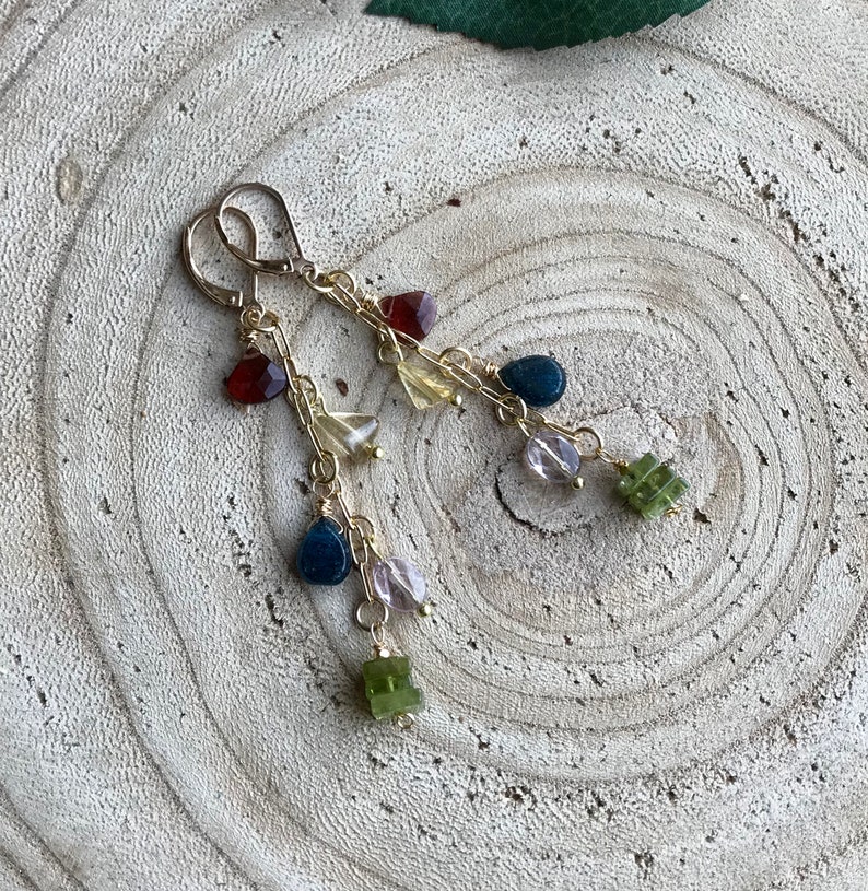 Gemstone Boho Dangle Earrings, Long Sundance Style Dangles, Hill Tribe Gold Garnet Citrine Amethyst Peridot Leverback Earrings image 7