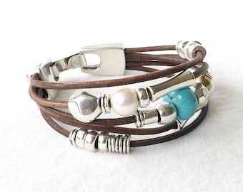Leather Multi Strand Bracelet, Silver Cuff Bracelet, Turquoise, Pearl, Best Seller, Brown Leather, Sundance Style, Southwest Cuff, Western