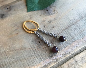 Garnet Dangle Earrings, Long Gold Earrings, Minimalist Silver Dangles, Sundance Style Mixed Metal Red Earrings, Gemstone Leverbacks, E3