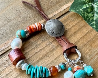 Turquoise Pearl Copper Southwest Bracelet, Sundance Style Leather Bracelet, Karen Hill Tribe Silver Boho Spiny Oyster Bracelet, Gift, B86