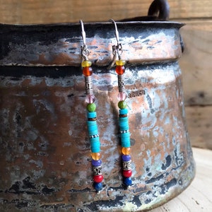 Long Turquoise Stick Dangle Earrings, Multi Gemstone Southwest Silver Leverback Earrings, Colorful Sundance Style Western Boho Dangles, E29 image 5