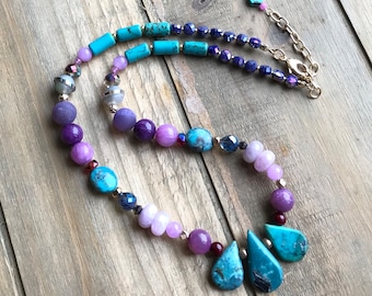 Colorful Beaded Necklace, Turquoise Boho Necklace, Gemstone Czech Glass Layering Necklace, Sundance Style Jewelry, Purple Accessory, N22