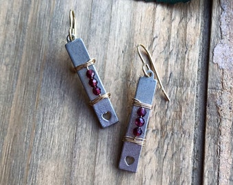 Red Garnet Silver Rectangle Earrings, Mixed Metal Dangles, Long Sundance Style Dangle Earrings, Gold Wire Wrapped, Geometric Jewelry, E22