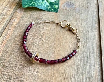 Garnet Gold Beaded Bracelet, Minimalist Red Gemstone Bracelet, Stacking CZ Charm January Birthstone, Garnet Cube Gold Chain Jewelry, B84