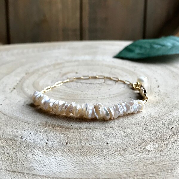 Keishi Pearl Bracelet, Gold Paper Clip Chain Bracelet, Minimalist Dainty Bracelet, Gold Filled Sundance Style Bracelet, B18