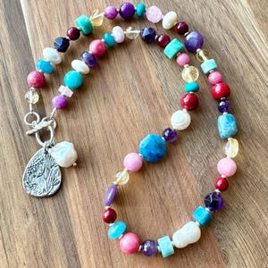 Colorful Multi Gem Necklace, Silver Pendant Baroque Pearl Layering Necklace, Boho Semi Precious Stone Necklace, Sundance Style Jewelry, N28