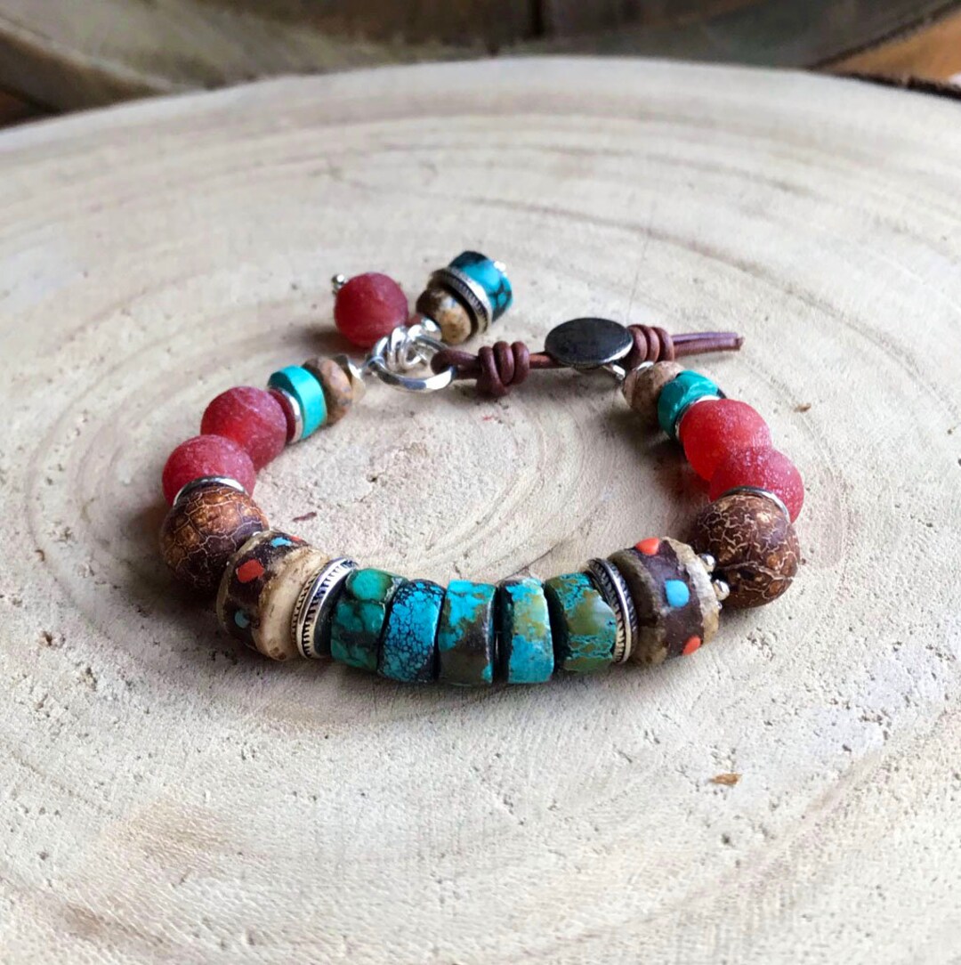 Chunky Turquoise Bracelet Unisex Silver Boho Bracelet Southwest Jewelry Sundance Style Leather Bracelet Western Cowgirl Bracelet B50 Etsy