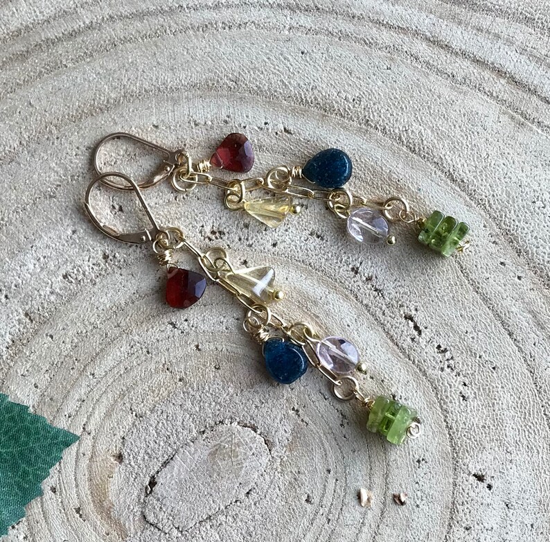 Gemstone Boho Dangle Earrings, Long Sundance Style Dangles, Hill Tribe Gold Garnet Citrine Amethyst Peridot Leverback Earrings image 9