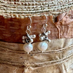 Pearl Silver Earrings, Pearl Dangle Earrings, Sundance Style Pearl Earrings, Karen Hill Tribe Silver Earrings, Pearl Silver Dangles, E36 image 1