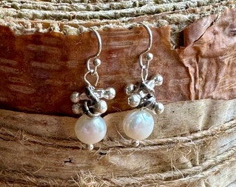 Pearl Silver Earrings, Pearl Dangle Earrings, Sundance Style Pearl Earrings, Karen Hill Tribe Silver Earrings, Pearl Silver Dangles, E36