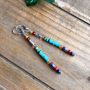 Long Turquoise Stick Dangle Earrings, Multi Gemstone Southwest Silver Leverback Earrings, Colorful Sundance Style Western Boho Dangles, E29 image 6