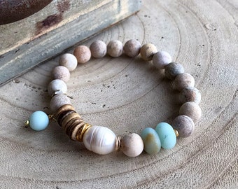 Aqua Gemstone Stretch Bracelet, Sundance Style Pearl Stacking Bracelet, Neutral Colors Boho Bracelet, Coconut Wood, Gold, Gift, B30