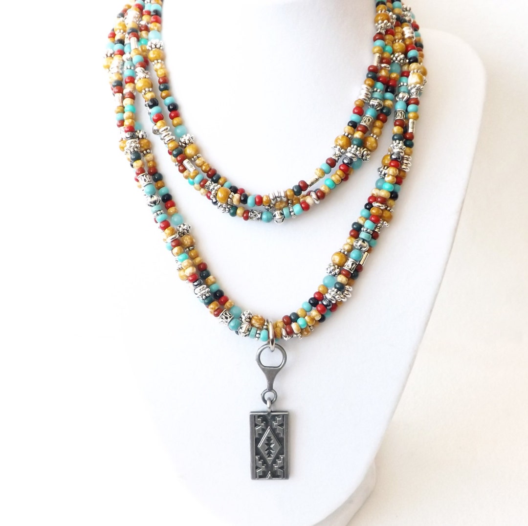 Colorful Seed Bead Necklace Long Turquoise Western Necklace - Etsy