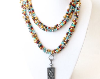 Colorful Seed Bead Necklace, Long Turquoise Western Necklace, Sundance Style Silver Necklace, Southwestern Jewelry, Boho Necklace, Gift, N12