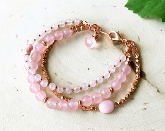 Pink Rose Quartz Copper Multi Strand Bracelet, Sundance Style Gemstone Bracelet, Karen Hill Tribe Beaded Triple Strand Bracelet, B11