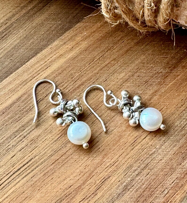 Pearl Silver Earrings, Pearl Dangle Earrings, Sundance Style Pearl Earrings, Karen Hill Tribe Silver Earrings, Pearl Silver Dangles, E36 image 4