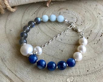 Blue White Beaded Gemstone Bracelet, Minimalist Pearl Silver Bracelet, Sundance Style Stacking Bracelet, Karen Hill Tribe Fine Silver, B85