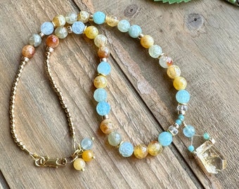 Aquamarine Citrine Pendant Necklace, Aqua Amber Gemstone Necklace, Stacking Beaded Necklace, Gold Boho Necklace, Sundance Style Jewelry Gift