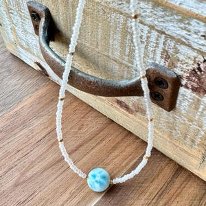 Larimar Gemstone Stacking Necklace, Blue & White Minimalist Necklace, Sundance Style Gold Jewelry, Dainty Layering Seed Bead Necklace, N31