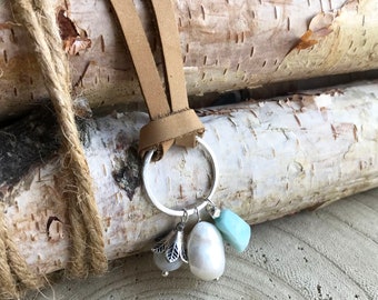 Baroque Pearl Leather Necklace, Southwest Larimar Silver Necklace, Sundance Style Hill Tribe Moonstone Necklace, Boho Charm Cluster, N13