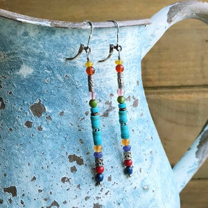 Long Turquoise Stick Dangle Earrings, Multi Gemstone Southwest Silver Leverback Earrings, Colorful Sundance Style Western Boho Dangles, E29 image 8