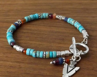 Turquoise Heishi Bead and Silver Bracelet: Southwestern Gemstone Bracelet, Boho Stacking Jewelry, Arrowhead Charm, B7