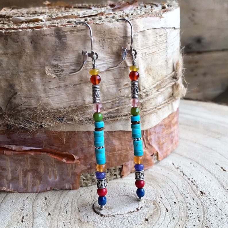 Long Turquoise Stick Dangle Earrings, Multi Gemstone Southwest Silver Leverback Earrings, Colorful Sundance Style Western Boho Dangles, E29 image 3