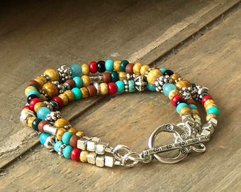 Colorful Southwest Seed Bead Bracelet, Turquoise Silver Czech Glass Sundance Style Bracelet, Best Seller, Set with Necklace & Earrings, B15