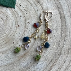 Gemstone Boho Dangle Earrings, Long Sundance Style Dangles, Hill Tribe Gold Garnet Citrine Amethyst Peridot Leverback Earrings image 5