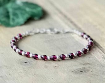 Garnet Sterling Silver Minimalist Bracelet, Sundance Style Red Stacking Bracelet, Slim Thin Bracelet, January Birthstone Jewelry, Gift