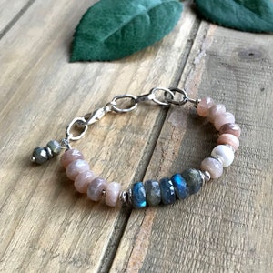 Pink Gemstone Bracelet, Sundance Style Peach Moonstone Bracelet, Karen Hill Tribe Silver Bracelet, Blue Flash Labradorite Bracelet, B17