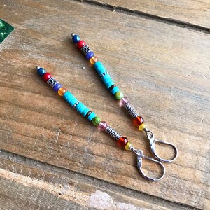 Long Turquoise Stick Dangle Earrings, Multi Gemstone Southwest Silver Leverback Earrings, Colorful Sundance Style Western Boho Dangles, E29 image 9