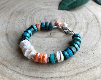 Turquoise Southwest Chunky Bracelet, Sundance Style Spiny Oyster Bracelet, Boho Karen Hill Tribe Keishi Pearl Bracelet, Earthy Organic, Gift