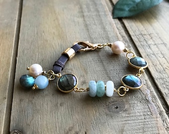 Pearl Aquamarine Labradorite Southwest Bracelet, Mixed Gemstone Leather Sundance Style Bracelet, Karen Hill Tribe Jewelry, Gift for Her, B42