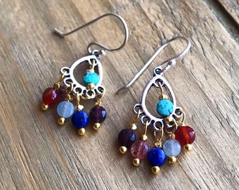 Multi Gemstone Boho Dangle Earrings, Mixed Metal Chandelier Earrings, Colorful Gemstone Coin Dangles, Sundance Style Turquoise Earrings E23