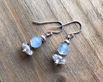 Aquamarine Silver Minimalist Earrings, Silver Dangle Earrings, Aqua Hill Tribe Earrings, Sundance Style Linear Dangles, Jewelry Gift for Her