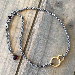Mixed Metal Necklace, Gold Double Link Garnet Necklace, Minimalist Sundance Style Choker Necklace, Antique Silver Chain, N1