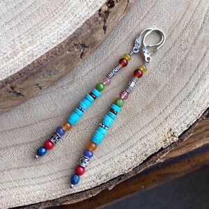 Long Turquoise Stick Dangle Earrings, Multi Gemstone Southwest Silver Leverback Earrings, Colorful Sundance Style Western Boho Dangles, E29 image 7