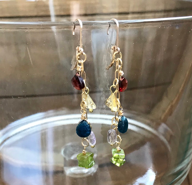 Gemstone Boho Dangle Earrings, Long Sundance Style Dangles, Hill Tribe Gold Garnet Citrine Amethyst Peridot Leverback Earrings image 8