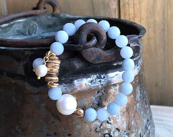 Blue Gemstone Stretch Bracelet, Aquamarine Beaded Stacking Bracelet, Sundance Style Boho Pearl Wood Gold Jewelry B8