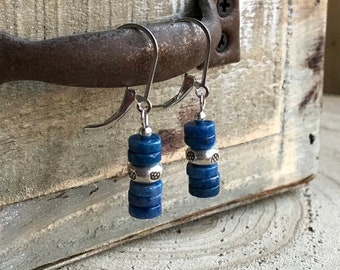 Minimalist Blue Lapis Stack Boho Earrings, Gemstone Silver Dangle Earrings, Linear Karen Hill Tribe Dangles, Gift, E2