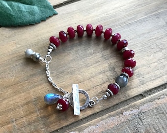 Red Jade Sterling Silver Bracelet, Burgundy Gemstone Stacking Boho Bracelet, Labradorite Karen Hill Tribe Bracelet, Gift for Her, B12