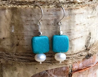 Pearl Turquoise Earrings, Minimalist Pearl Dangle Earrings, Sterling Silver Sundance Style Earrings, Hill Tribe Dangles, Jewelry Gift, E25