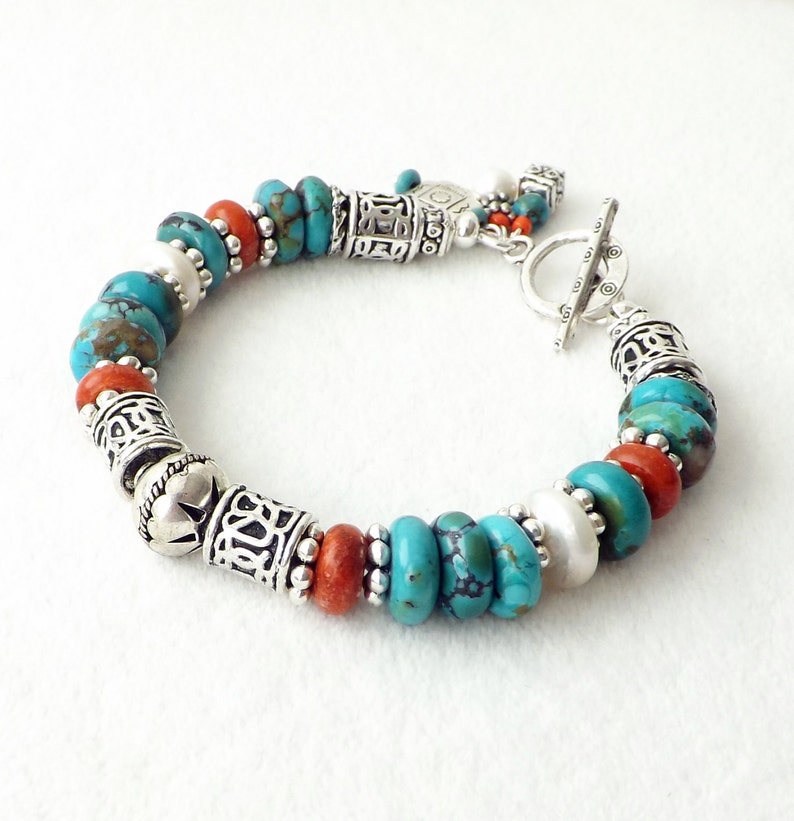 Turquoise Silver Bracelet, Southwestern Beaded Bracelet, Colorful Western Bracelet, Sundance Style, Cowgirl Jewelry, Red Coral, Pearl, B34 