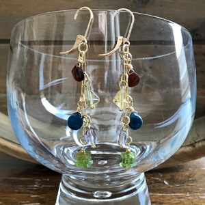 Gemstone Boho Dangle Earrings, Long Sundance Style Dangles, Hill Tribe Gold Garnet Citrine Amethyst Peridot Leverback Earrings image 6